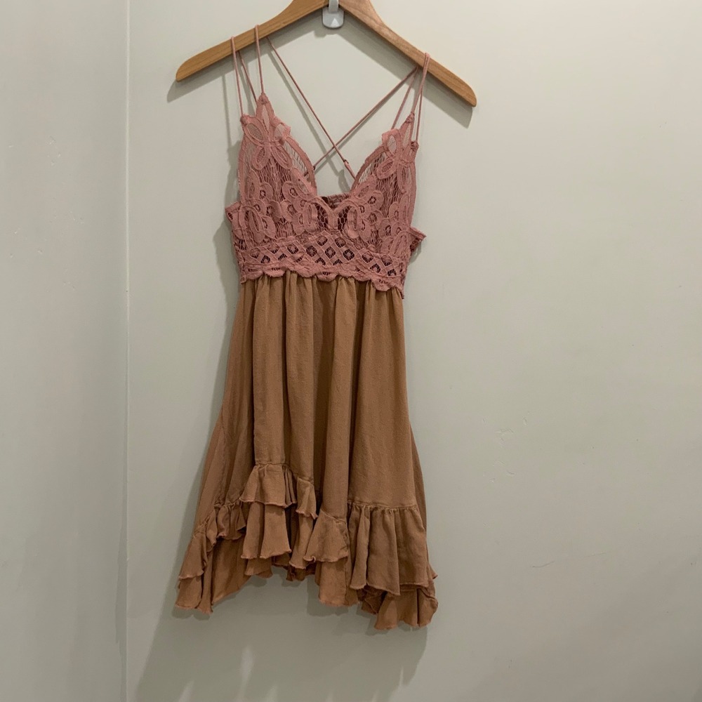 Free People FP One Adella Slip Dress Pink Mauve Lace Boho Mini Dress Small